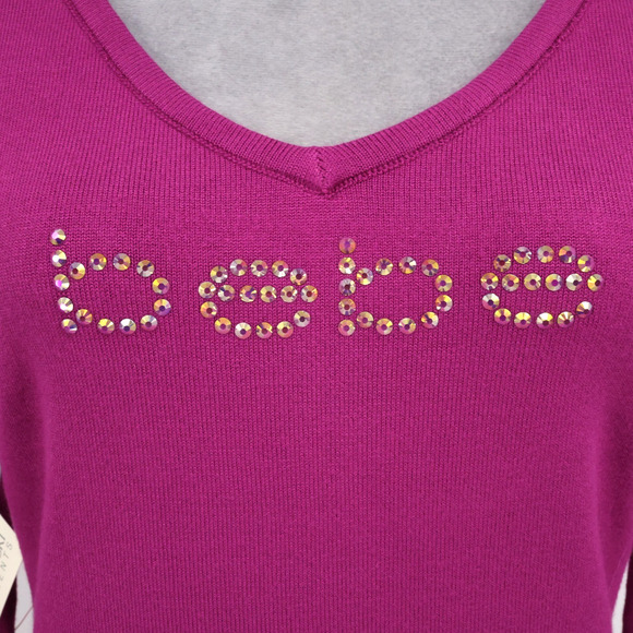 Bebe Sweater Womens XL Pink Sequins Stretch Knit Tunic V-neck Open Back New - Picture 7 of 16